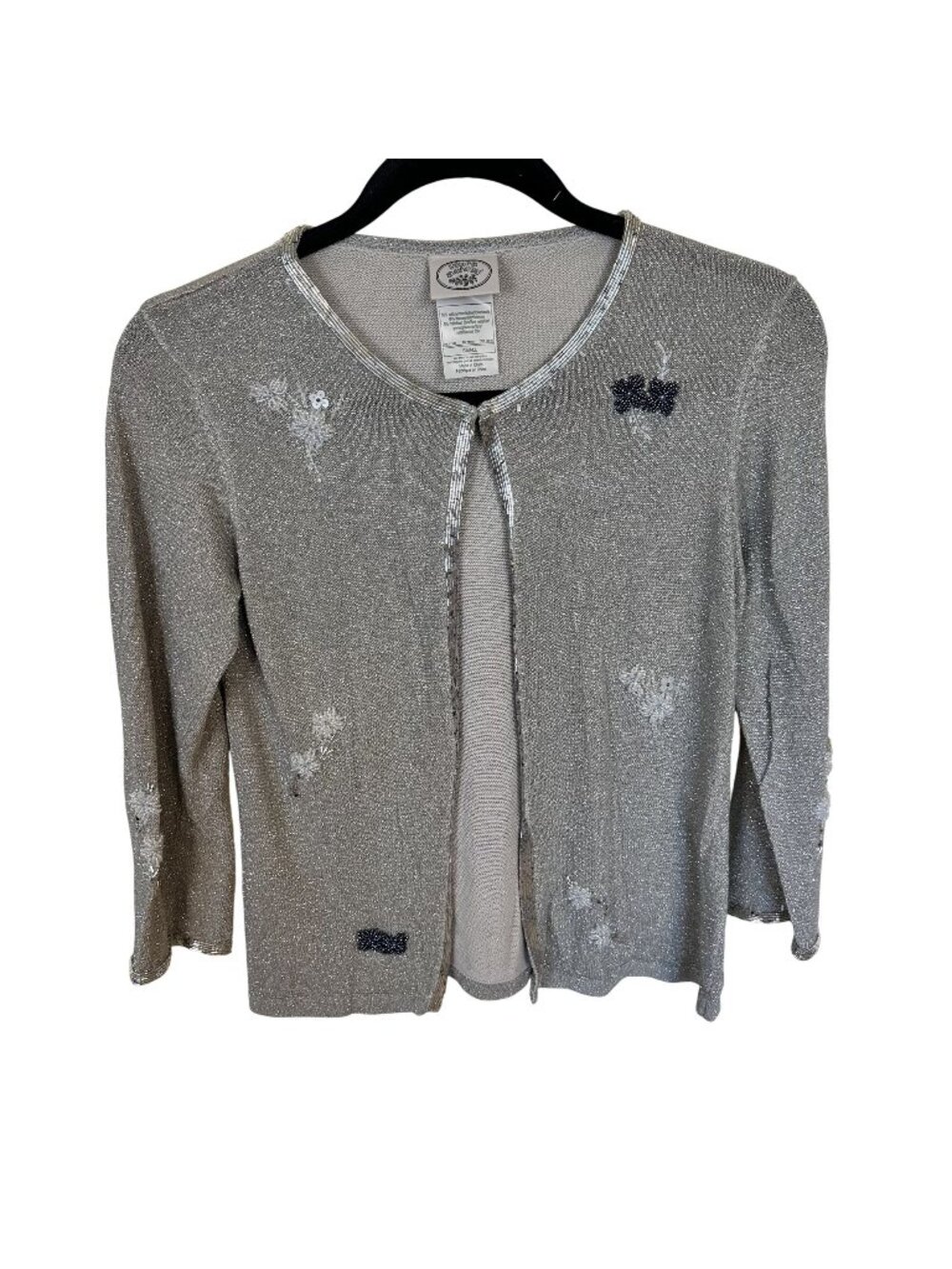 Womens Metallic Silver Cardigan Sweater Laura Ashley Beaded Floral 3/4 Sleeve